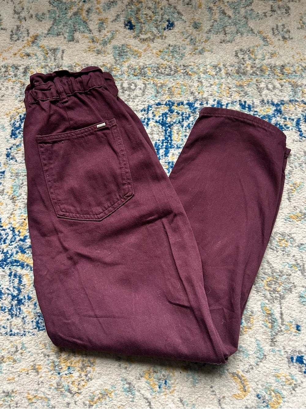 Zara 100% Cotton Burgundy Paperbag Pants High Waisted Trousers Chino size 4